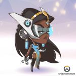  1girl artist_request black_hair breasts chibi copyright_name dark_skin full_body half-closed_eyes lips long_hair lowres official_art overwatch pelvic_curtain solo standing symmetra_(overwatch) visor 