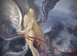  1girl artist_request blonde_hair character_name claymore highres long_hair miata_(claymore) mountain nude solo wings 