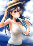  1girl ahoge black_hair breasts cleavage hachi_(hachiiicham) hat highres kantai_collection long_hair popsicle solo tank_top ushio_(kantai_collection) 