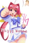  1boy 1girl ahoge bangs bow bowtie clenched_hand falling fist_pump flying foreshortening hair_bow hair_intakes happy_birthday kagami_sumika long_hair long_sleeves looking_at_viewer low_ponytail muvluv open_mouth outstretched_arm panties pantyshot pantyshot_(standing) pink_eyes ponytail puffy_sleeves redhead school_uniform serafuku skirt solo standing striped striped_panties text to-gnaniwa underwear very_long_hair white_background 