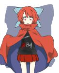  1girl aliun black_shirt blue_background blue_bow bow cloak clothes_writing hair_bow looking_down miniskirt red_eyes red_skirt redhead sekibanki shirt short_hair simple_background skirt solo touhou 