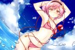  1girl armpits arms_up ass_visible_through_thighs bikini blush clouds eyeball hairband haruki_5050 heart highres komeiji_satori looking_at_viewer navel pink_bikini pink_hair plaid plaid_bikini short_hair sky small_breasts solo swimsuit third_eye touhou water 