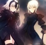  2girls ahoge armor armored_dress black_legwear blonde_hair braid cape fate/grand_order fate_(series) french_braid fur_trim gauntlets headpiece jeanne_alter looking_at_viewer lp_(hamasa00) multiple_girls open_mouth ruler_(fate/apocrypha) ruler_(fate/grand_order) saber saber_alter short_hair sketch smile sword thigh-highs weapon yellow_eyes 
