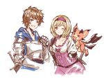  1boy 1girl bii_(granblue_fantasy) blonde_hair bob_cut brown_eyes brown_hair djeeta_(granblue_fantasy) dragon gran_(granblue_fantasy) granblue_fantasy headband madogawa smile upper_body 