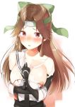  1girl bare_shoulders blush breasts brown_eyes brown_hair collarbone detached_sleeves forehead_protector gloves hachimaki hair_intakes half_updo headband highres jintsuu_(kantai_collection) kantai_collection large_breasts long_hair looking_at_viewer nezumi_doshi open_mouth remodel_(kantai_collection) school_uniform serafuku solo tears torn_clothes 