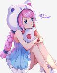  1girl :&lt; bangs bear_hood blue_dress blue_eyes blush braid closed_mouth dress hair_tie hug long_hair looking_away looking_to_the_side morio_shishou panties pantyshot pantyshot_(sitting) pink_hair pout rana_(vocaloid) shade sitting sketch sleeveless solo stellarism stuffed_animal stuffed_panda stuffed_toy swept_bangs tears underwear vocaloid wavy_mouth white_background white_legwear white_panties 