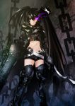  1girl absurdres armor armored_boots belt black_hair black_rock_shooter black_rock_shooter_(character) black_shorts boots burning_eyes chain highres holding holding_sword holding_weapon insane_black_rock_shooter long_hair looking_at_viewer navel san_rei_juko scar short_shorts shorts solo sword twintails violet_eyes weapon 