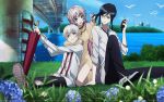  1girl 2boys bird black_hair black_necktie blue_eyes collarbone elisa_develon flower grass green_eyes heterochromia highres holding holding_phone holding_umbrella isana_yashiro k_(anime) long_hair multiple_boys necktie neko_(k) orange_eyes oriental_umbrella outdoors pink_hair short_hair signature silver_hair sitting smile umbrella watermark yatogami_kurou 