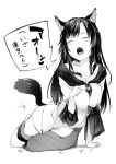  1girl animal_ears blush breasts closed_eyes collarbone dress fangs gem highres imaizumi_kagerou japanese large_breasts long_hair monochrome open_mouth paw_pose signature solo speech_bubble tail touhou wolf_ears wolf_tail yes_warabi 