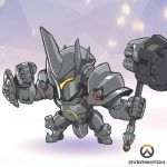  1boy armor artist_request chibi copyright_name full_armor full_body hammer helmet lowres male_focus official_art overwatch reinhardt_(overwatch) solo weapon 