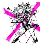  1girl :q atrium_(artist) blood bloody_clothes dangan_ronpa dangan_ronpa_1 enoshima_junko fingernails freckles ikusaba_mukuro impaled long_fingernails monochrome necktie pink_blood school_uniform solo spoilers spot_color stabbed tongue tongue_out twintails weapon 