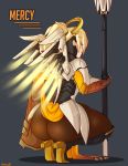  1girl artist_name ass blonde_hair character_name closed_eyes highres kimmi kneeling long_hair mechanical_halo mercy_(overwatch) overwatch raitng:s solo staff thighs wings 