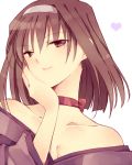 1girl breasts brown_hair choker cleavage collarbone facing_viewer hairband hand_on_own_cheek heart japanese_clothes kanzaki_sumire kimono light_smile lips looking_at_viewer mole mole_under_eye red_eyes red_ribbon ribbon ribbon_choker sakura_taisen simple_background solo upper_body wato white_background 
