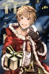  1boy 2015 brown_eyes brown_gloves brown_hair cursive dated gift gloves gran_(granblue_fantasy) granblue_fantasy highres looking_at_viewer male_focus merry_christmas santa_costume solo speech_bubble 