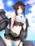  1girl 328_(artist) bare_shoulders breasts brown_hair chain clouds contrapposto cowboy_shot gloves green_eyes hairband headgear highres kantai_collection looking_at_viewer machinery midriff miniskirt mutsu_(kantai_collection) navel one_eye_closed pleated_skirt short_hair skirt sky solo sun water white_gloves 