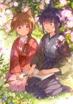  animal_ears bangs book book_on_lap braid brown_hair cat_ears floral_print flower hakama hands_on_lap hatihamu japanese_clothes kimono long_hair looking_at_another obi on_ground open_book open_mouth original outdoors petals purple_hair red_eyes sash seiza single_braid sitting smile violet_eyes 