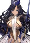  black_hair breasts gauntlets large_breasts long_hair looking_at_viewer parted_lips pupps simple_background smile sword veins veiny_breasts weapon white_background 