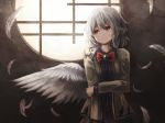  1girl bow brooch expressionless feathered_wings feathers hair_bow highres jacket jewelry kishin_sagume long_sleeves looking_away open_clothes open_jacket red_eyes short_hair single_wing solo thkani touhou white_hair white_wings window wings 