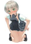  1girl blush body_mahattaya_ginga green_eyes kantai_collection kneeling looking_at_viewer mouth_hold panties panty_pull short_hair silver_hair simple_background skirt skirt_in_mouth skirt_lift solo underwear white_background z1_leberecht_maass_(kantai_collection) 