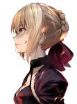  1girl blonde_hair blood blood_on_face bloody_clothes braid breasts choker cleavage dark_persona fate/grand_order fate/stay_night fate_(series) french_braid hair_ribbon pale_skin profile red_ribbon ribbon saber saber_alter shirabi_(life-is-free) short_hair solo upper_body white_background yellow_eyes 