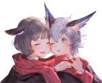  2girls animal_ears bangs blush cat_ears cheek-to-cheek closed_eyes green_eyes grey_hair looking_at_another multiple_girls one_eye_closed open_mouth original red_scarf scarf shared_scarf short_hair silver_hair smile upper_body wadanaka_(mazurka) 