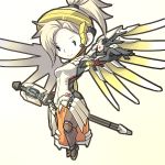  1girl black_gloves black_legwear blonde_hair blue_eyes chibi gloves high_ponytail holding long_hair mechanical_halo mechanical_wings mercy_(overwatch) mr_kunimitsu overwatch pantyhose simple_background smile solo staff white_background wings 
