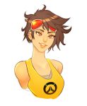  1girl bare_shoulders breasts brown_eyes brown_hair casual earrings freckles goggles highres jewelry lips looking_at_viewer overwatch revision short_hair simple_background smile solo superboin tank_top tracer_(overwatch) upper_body white_background 