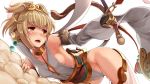  1girl anchira_(granblue_fantasy) bare_shoulders black_gloves blonde_hair blush breasts brown_eyes choker clouds detached_sleeves fingerless_gloves flying_nimbus giji_eizan gloves granblue_fantasy hair_ornament hairband highres monkey_ears monkey_tail open_mouth red_eyes short_hair sideboob small_breasts solo staff sweat wide_sleeves 