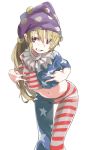  1girl american_flag_legwear american_flag_shirt bangs bent_over blonde_hair clownpiece collar crop_top double_v frilled_collar frills grin hands_on_own_chest hat highres jester_cap leaning_forward long_hair midriff muchi_maro naughty_face navel pantyhose polka_dot red_eyes simple_background smile solo thigh_gap touhou v white_background 