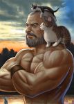  1boy animal animal_on_head animal_on_shoulder beard cat cat_on_head cat_on_shoulder clouds cloudy_sky crossed_arms dated facial_hair grey_hair matataku muscle mustache old_man original signature sky solo sunset upper_body 