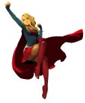  1girl absurdres arm_up bangs blonde_hair blue_eyes boots breasts cape dc_comics enami_katsumi floating highres long_hair long_sleeves miniskirt pleated_skirt red_boots skirt solo supergirl superhero swept_bangs thigh-highs thigh_boots white_background 