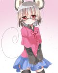  1girl abe_suke alternate_costume animal_ears bangs bespectacled black_legwear blue_skirt eyebrows eyebrows_visible_through_hair glasses grey_hair long_sleeves looking_at_viewer mouse_ears mouse_tail nazrin red_eyes red_ribbon ribbon semi-rimless_glasses short_hair simple_background skirt sleeves_past_wrists smile solo tail thigh-highs touhou under-rim_glasses v_arms 