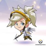  1girl artist_request blue_eyes breasts chibi copyright_name full_body long_hair lowres mechanical_halo mechanical_wings mercy_(overwatch) official_art overwatch ponytail smile solo staff wings 