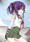  1girl collar ebisuzawa_kurumi gakkou_gurashi! green_skirt hair_ribbon holding long_hair looking_at_viewer outdoors pleated_skirt purple_hair red_ribbon ribbon skirt solo takoyaki_kenken violet_eyes 