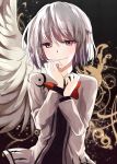  1girl katayama_kei kishin_sagume red_eyes short_hair silver_hair single_wing solo touhou wings 