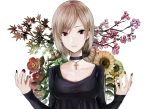  1girl 328_(artist) bangs blonde_hair choker cross cross_necklace flower jewelry looking_at_viewer nail_polish necklace original red_eyes red_nails short_hair sleeves_past_wrists solo sunflower swept_bangs upper_body 