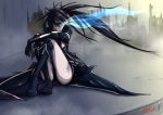  1girl 2012 absurdres black_boots black_gloves black_hair black_rock_shooter black_rock_shooter_(character) black_shorts blue_eyes boots burning_eyes dated deathklovc gloves highres long_hair short_shorts shorts signature sitting solo 