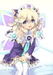  1girl absurdres blonde_hair blue_eyes book hair_ornament hat highres histoire long_hair looking_at_viewer neptune_(series) nomalandnomal open_mouth short_hair smile solo thigh-highs twintails wings 