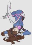  1girl bodysuit breasts brown_eyes brown_hair bubblegum d.va_(overwatch) grey_background highres long_hair overwatch simple_background solo splashbrush upside-down 