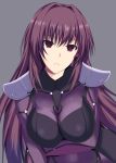  1girl bodysuit breasts cir.e_(shie) fate/grand_order fate_(series) highres large_breasts long_hair looking_at_viewer parted_lips pauldrons purple_hair red_eyes scathach_(fate/grand_order) solo 
