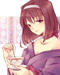  1girl breasts brown_hair choker cleavage collarbone cup floral_background hairband holding holding_spoon japanese_clothes kanzaki_sumire kimono light_smile lips looking_at_viewer mole mole_under_eye obi red_eyes red_ribbon ribbon ribbon_choker sakura_taisen sash saucer solo stirring tea teacup wato 