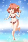  1girl bell bikini breasts checkered checkered_bikini cleavage frilled_bikini frills full_body hair_bell hair_ornament kousei_(public_planet) looking_at_viewer motoori_kosuzu navel one_eye_closed open_mouth red_eyes redhead smile solo standing_on_one_leg swimsuit touhou two_side_up 