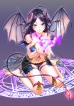  1girl absurdres anklet artist_request bikini black_hair blue_eyes collarbone cupping_hands demon_girl demon_wings gradient gradient_background highres horns jewelry long_hair magic magic_circle nail_polish navel pendant sitting smile solo swimsuit tail toenail_polish toenails wariza wings 