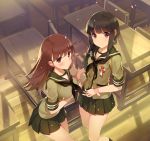  2girls :&lt; bangs black_hair blunt_bangs blush brown_eyes brown_hair cherry_blossoms classroom desk graduation holding_hands kantai_collection kitakami_(kantai_collection) long_hair multiple_girls ooi_(kantai_collection) petals pleated_skirt school_uniform serafuku skirt smile tousaki_umiko 