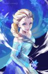  1girl blonde_hair blue_dress blue_eyes braid collarbone disney dress elsa_(frozen) frozen_(disney) lips ox-miruku single_braid smile snowflakes solo strapless strapless_dress watermark web_address 