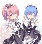  2girls absurdres blue_hair closed_eyes detached_sleeves hair_ornament hair_over_one_eye highres looking_at_viewer maid multiple_girls nomalandnomal pink_hair ram_(re:zero) re:zero_kara_hajimeru_isekai_seikatsu red_eyes rem_(re:zero) short_hair siblings sisters twins x_hair_ornament 