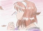  1girl blowing_leaves brown_eyes brown_hair collarbone colored_pencil_(medium) dragonfly from_side graphite_(medium) hairband hand_up insect insect_on_nose japanese_clothes kanzaki_sumire kimono kt-kt-kt leaf mole mole_under_eye off_shoulder on_nose pink_background ribbon sakura_taisen solo traditional_media upper_body white_ribbon wide-eyed 