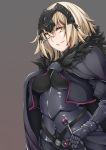  1girl absurdres armor baron_suzuki belt blonde_hair cape fate/grand_order fate_(series) fur_trim gauntlets headwear highres jeanne_alter parted_lips ruler_(fate/apocrypha) ruler_(fate/grand_order) short_hair smile solo yellow_eyes 