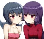  2girls akira_(natsumemo) bangs bare_shoulders blue_hair blunt_bangs breasts cleavage dual_persona eye_contact long_hair looking_at_another multiple_girls natsume_(pokemon) one_eye_closed pokemon pokemon_(game) pokemon_frlg pokemon_hgss purple_hair red_eyes shiny shiny_hair smile white_background 