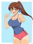  1girl :d bare_shoulders blue_background breasts brown_hair camisole cleavage fang female highres kagemusha large_breasts long_hair looking_at_viewer open_mouth original ponytail school_uniform short_shorts shorts smile solo thighs 
